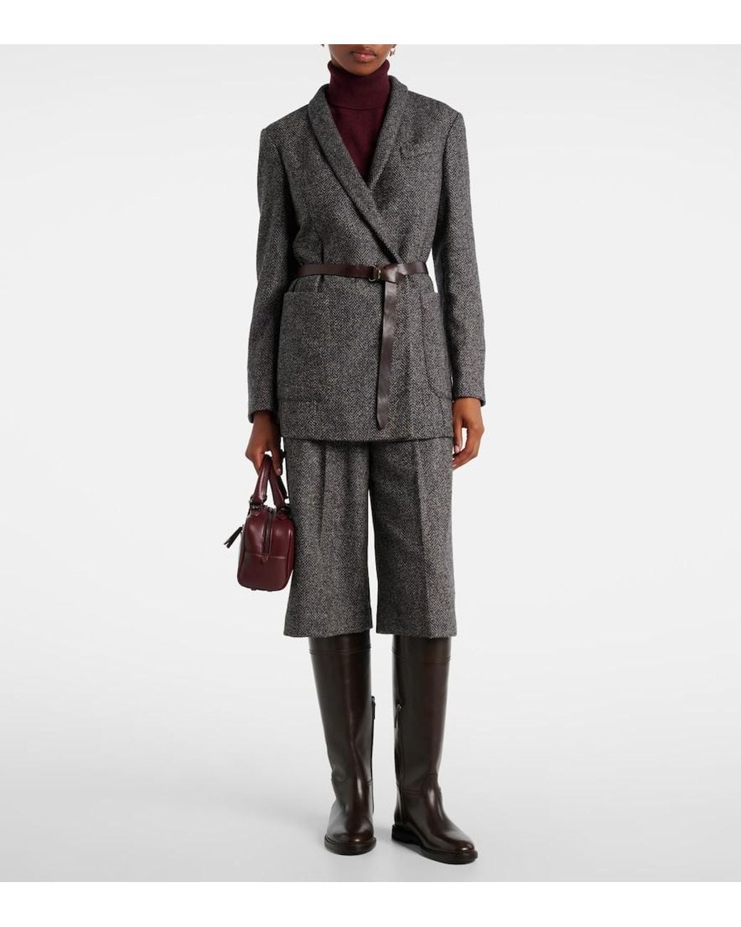 Brunello Cucinelli Gray Herringbone Wool-Blend Shorts