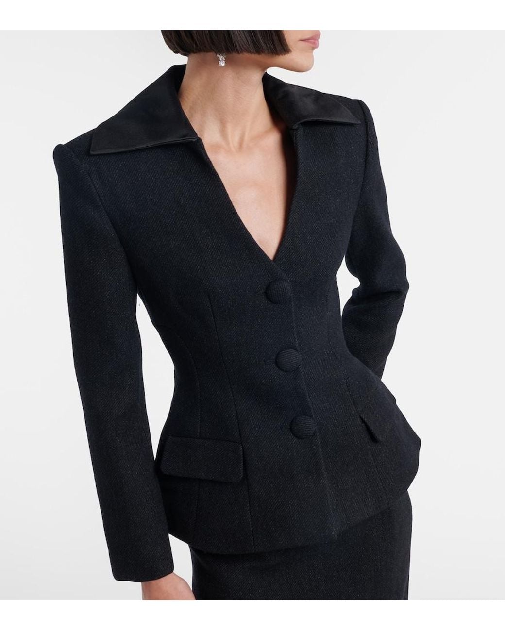 Self-Portrait Black Wool-Blend Twill Midi Dress