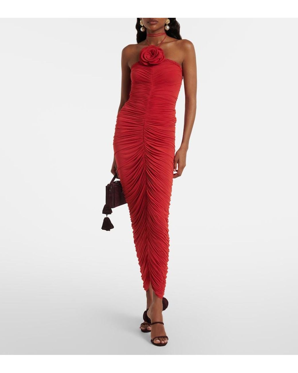 Magda Butrym Red Floral-Applique Ruched Jersey Midi Dress