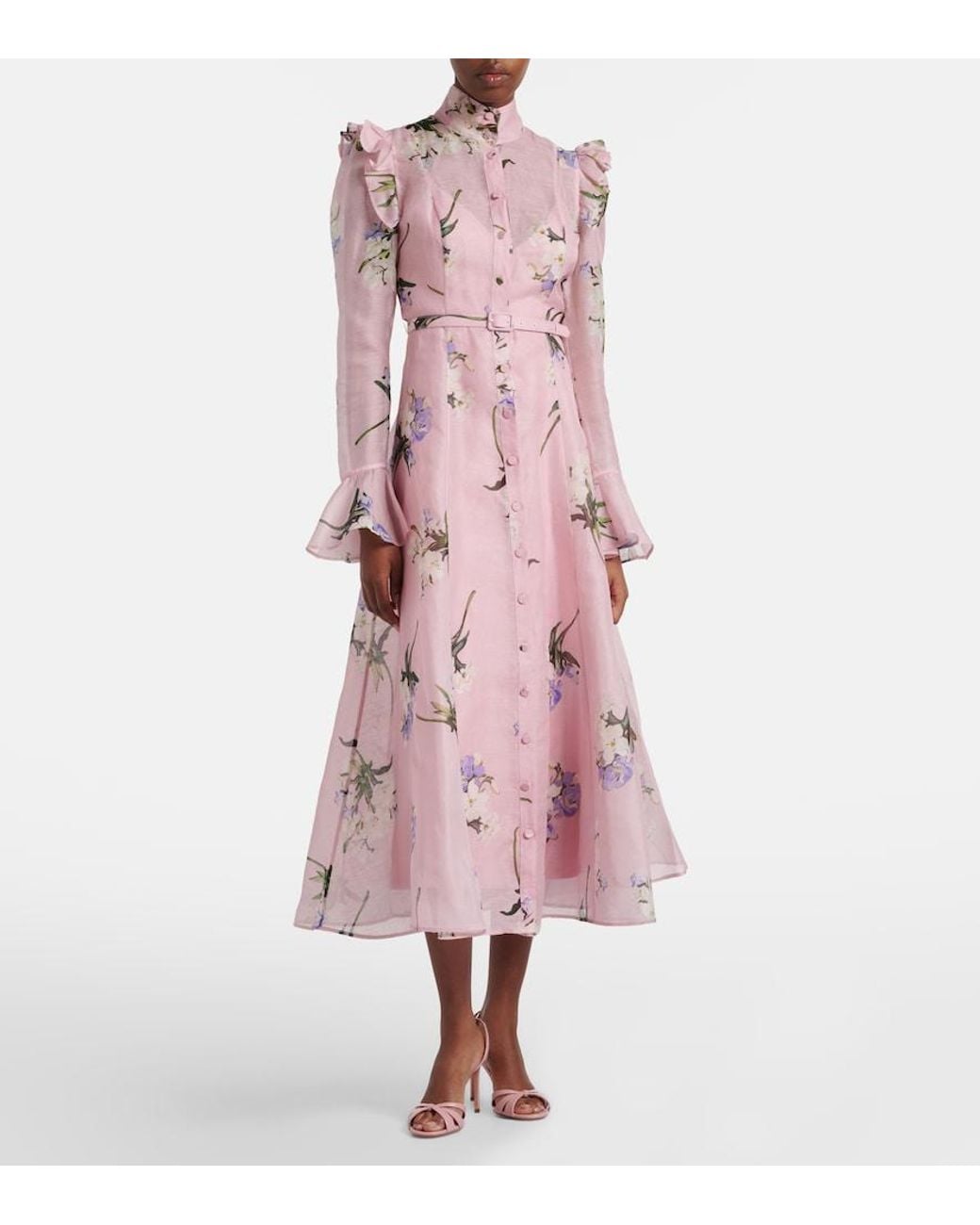 LEO LIN Pink Katrina Floral Linen And Silk Midi Dress