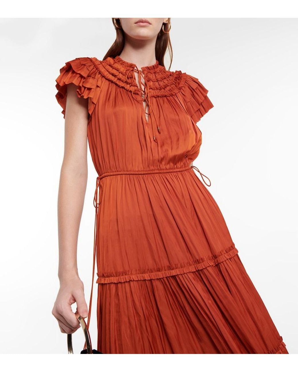 Ulla Johnson Orange Isadora Pleated Satin Midi Dress