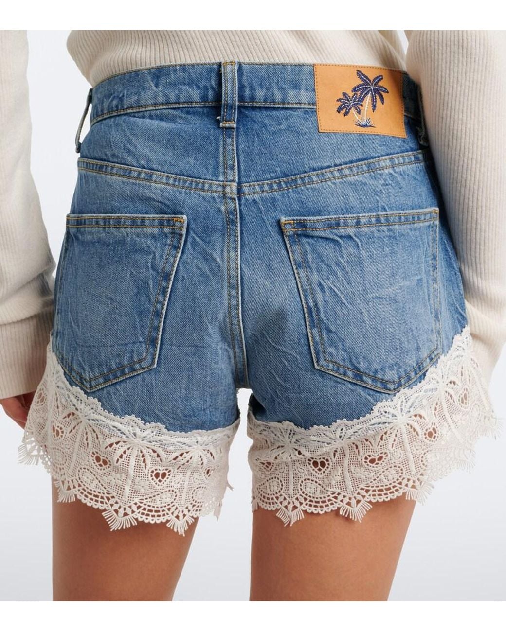 Alanui Blue Romance Lace-Trimmed Denim Shorts