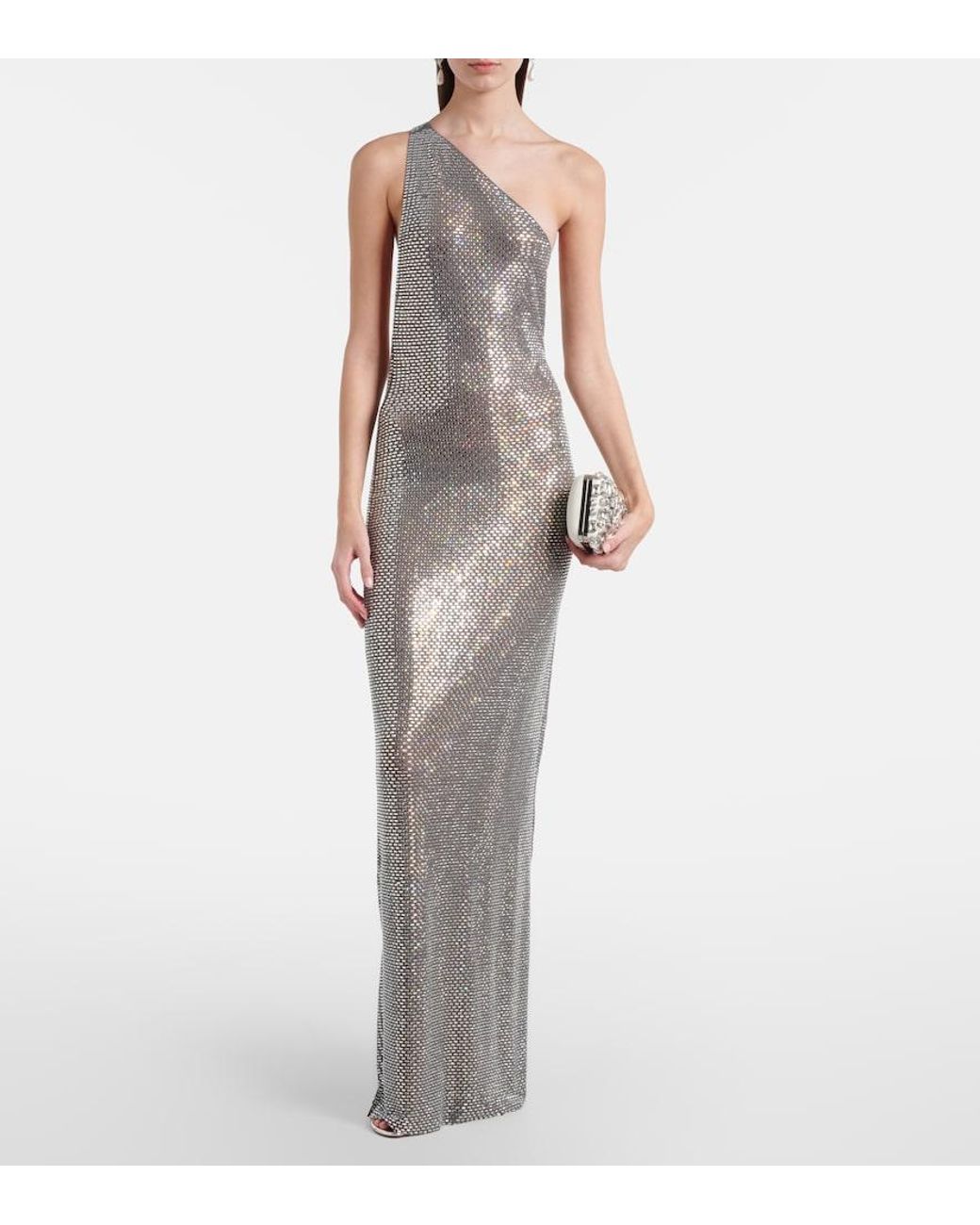 Self-Portrait Gray Embellished One-Shoulder Gown