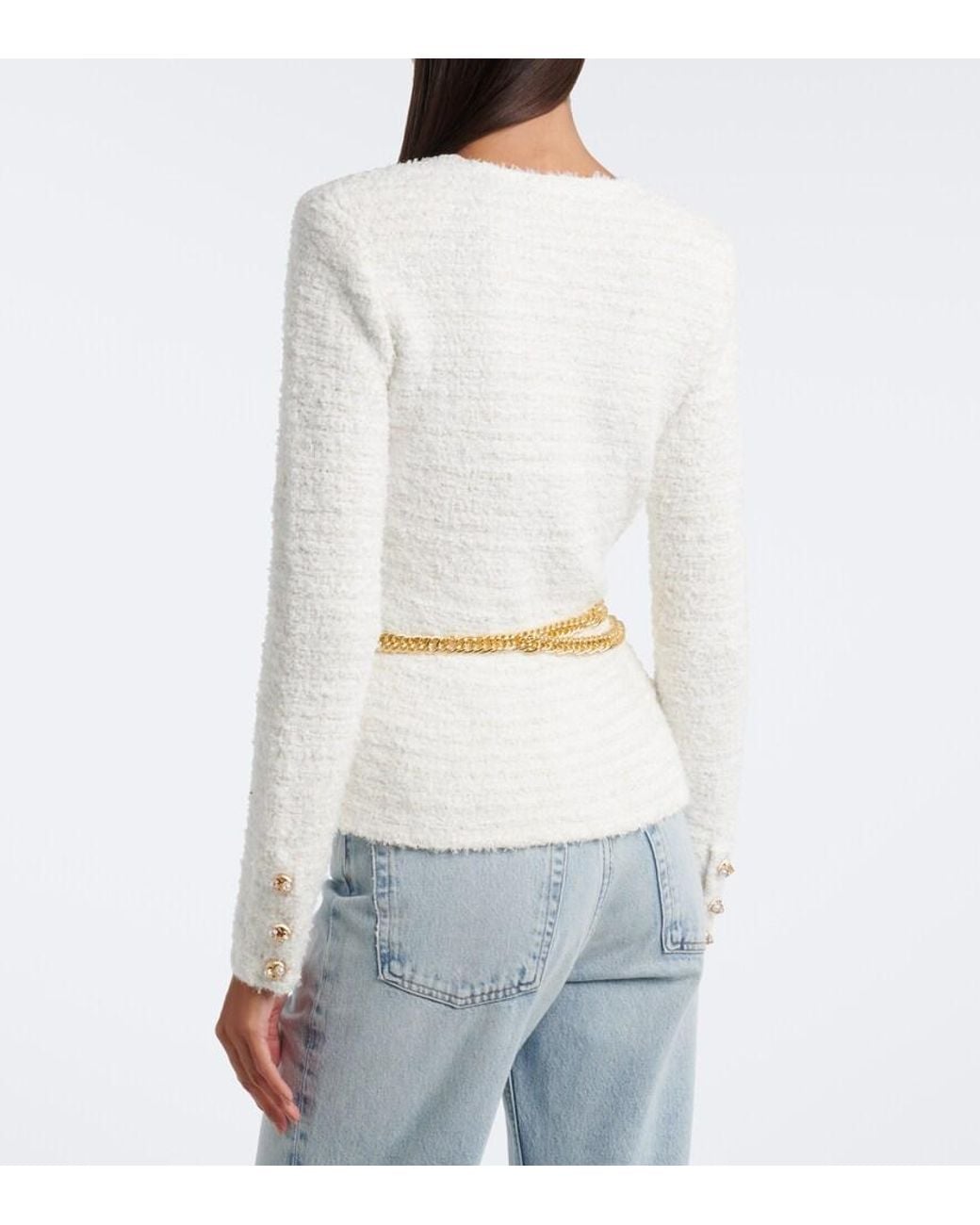 Self-Portrait White Belted Boucle Cardigan
