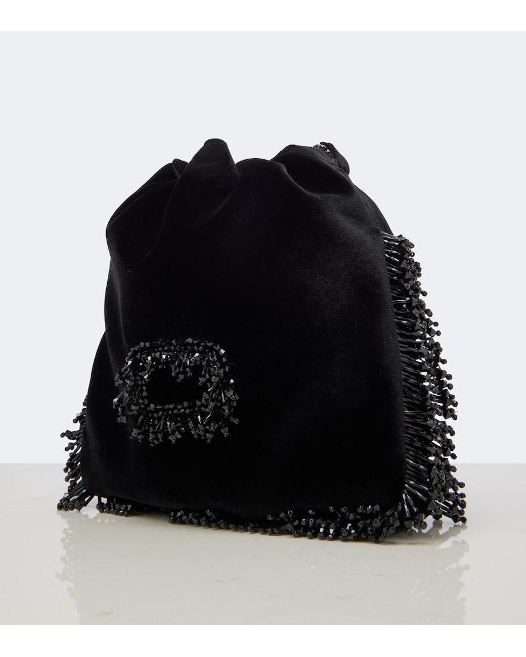 Roger Vivier Black Pilgrim Mini Beaded Velvet Bucket Bag