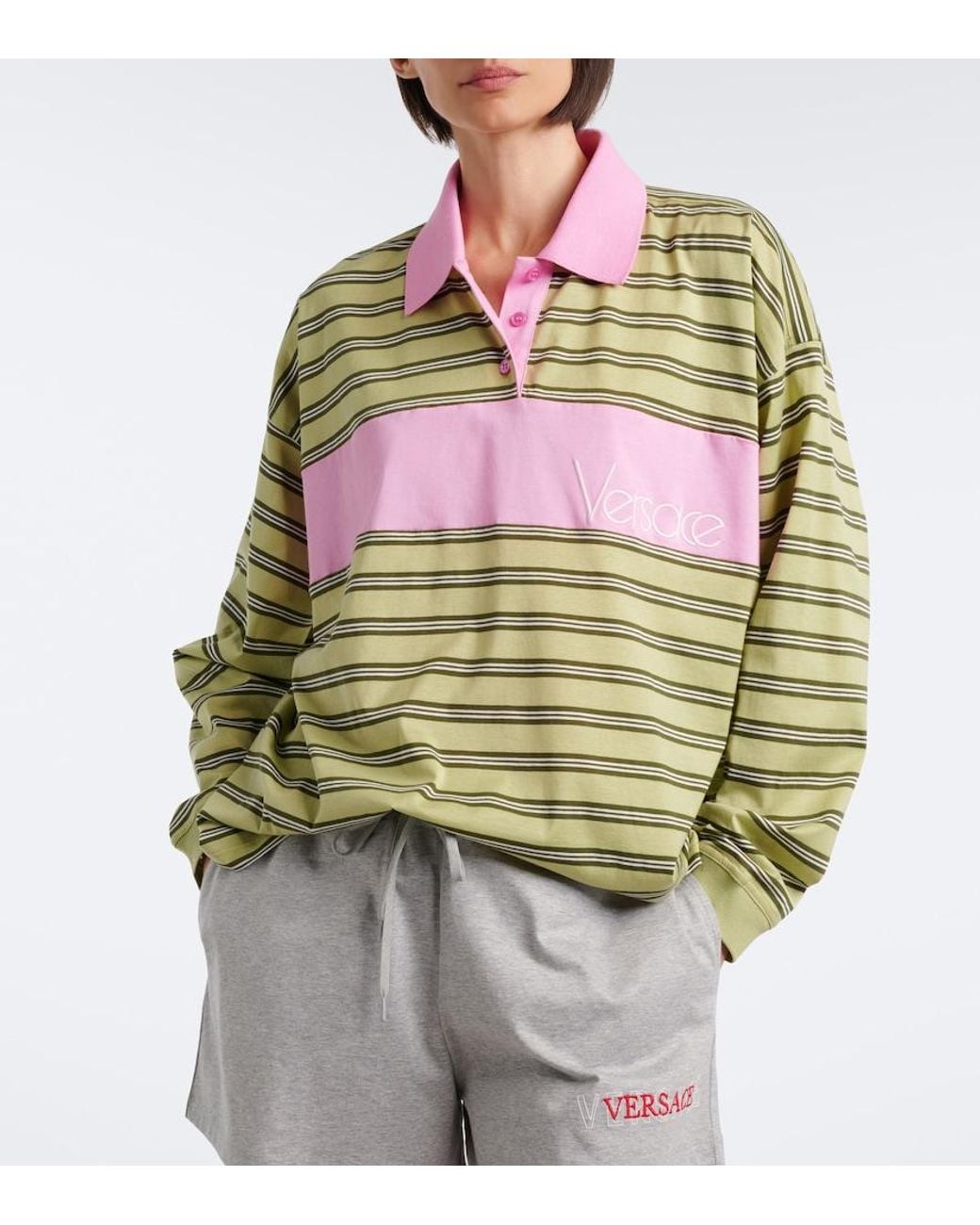 Versace Green Striped Oversized Cotton Jersey Polo Shirt