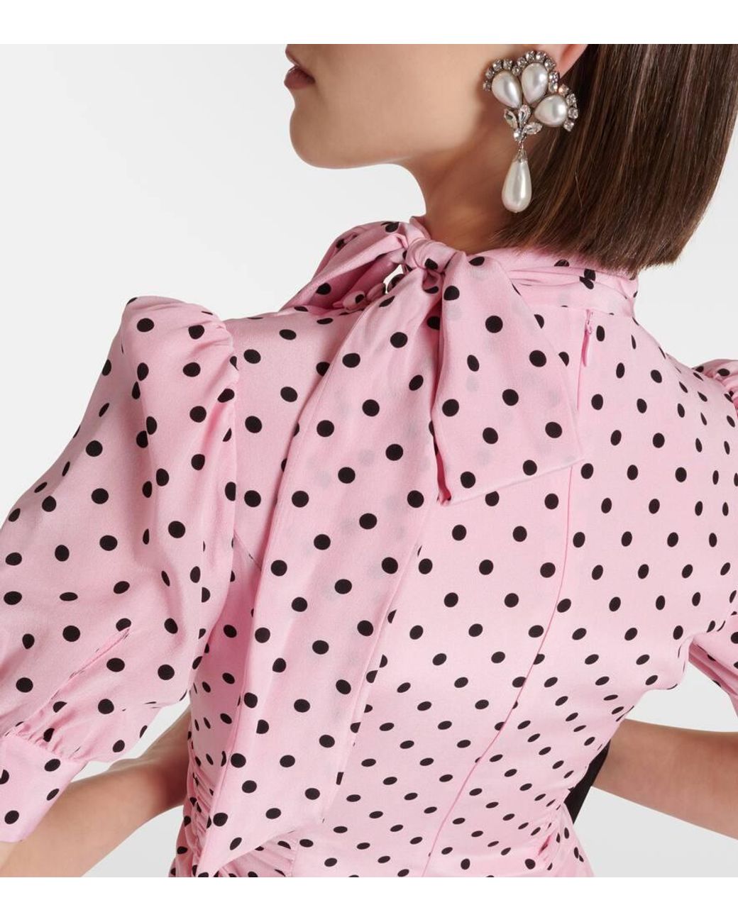 Alessandra Rich Polka-Dot Tie-Neck Silk Midi Dress in Pink | Lyst