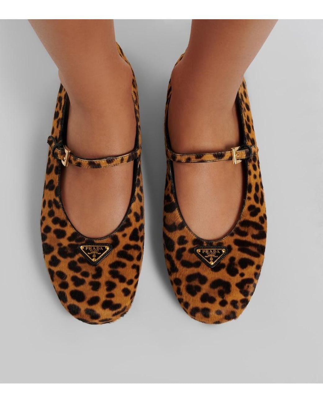 Prada Brown Leopard-Print Calf Hair Mary Jane Flats