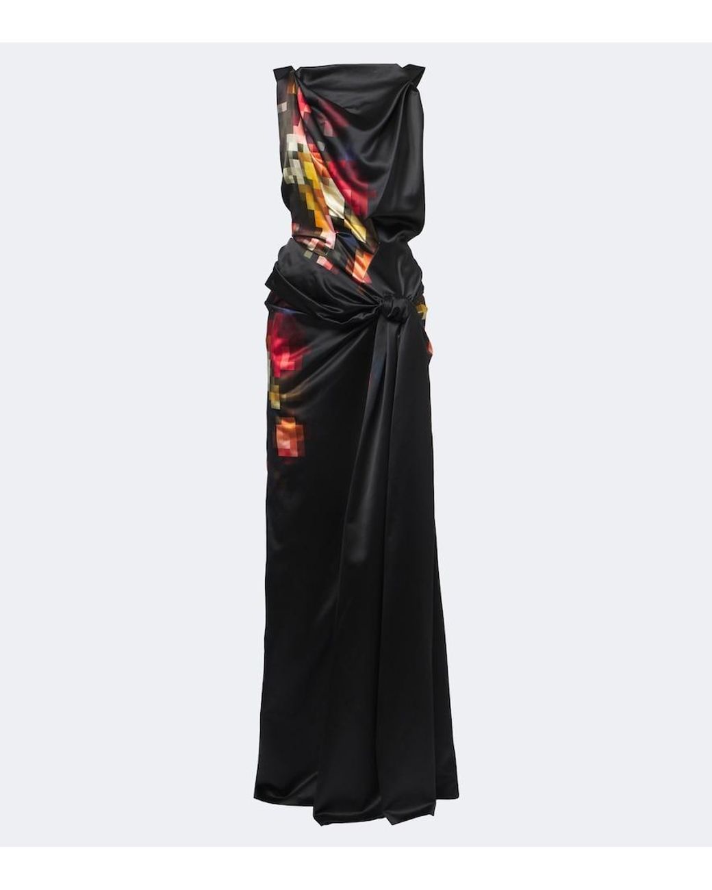 Dries Van Noten Black Draped Printed Silk Satin Gown