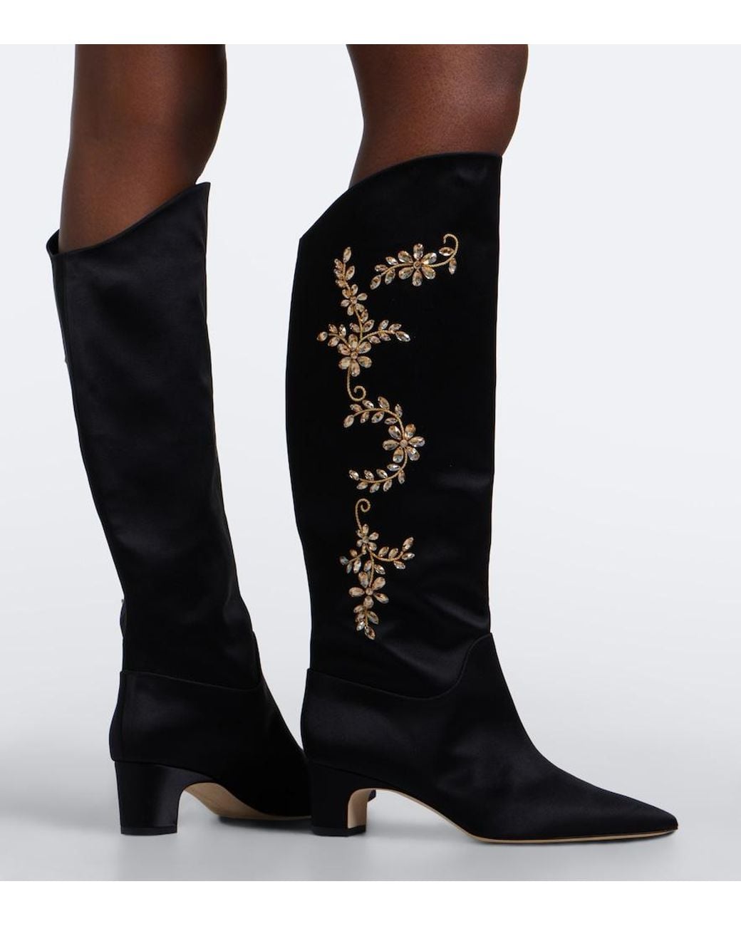 Manolo Blahnik Black Dispasa Embellished Satin Knee-High Boots