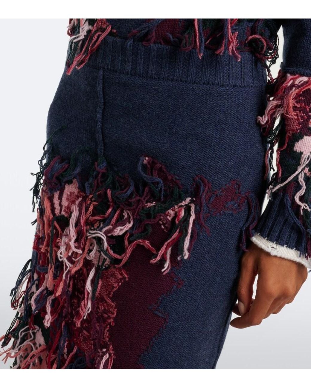 Erdem Blue Fringed Intarsia Wool Midi Skirt