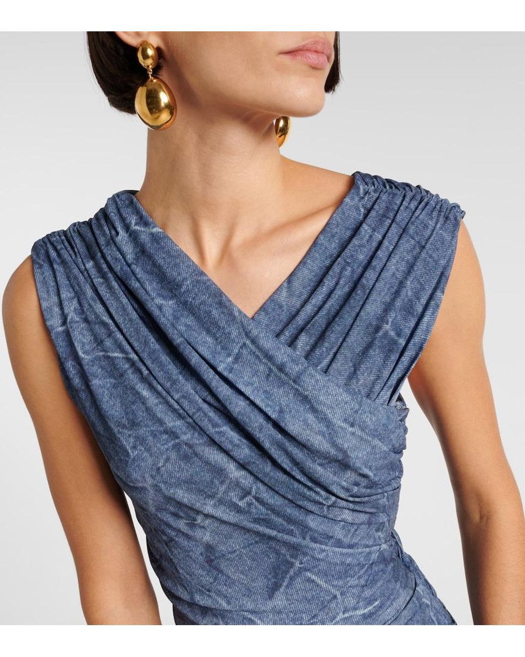 Ganni Blue Printed Ruched Mesh Maxi Dress