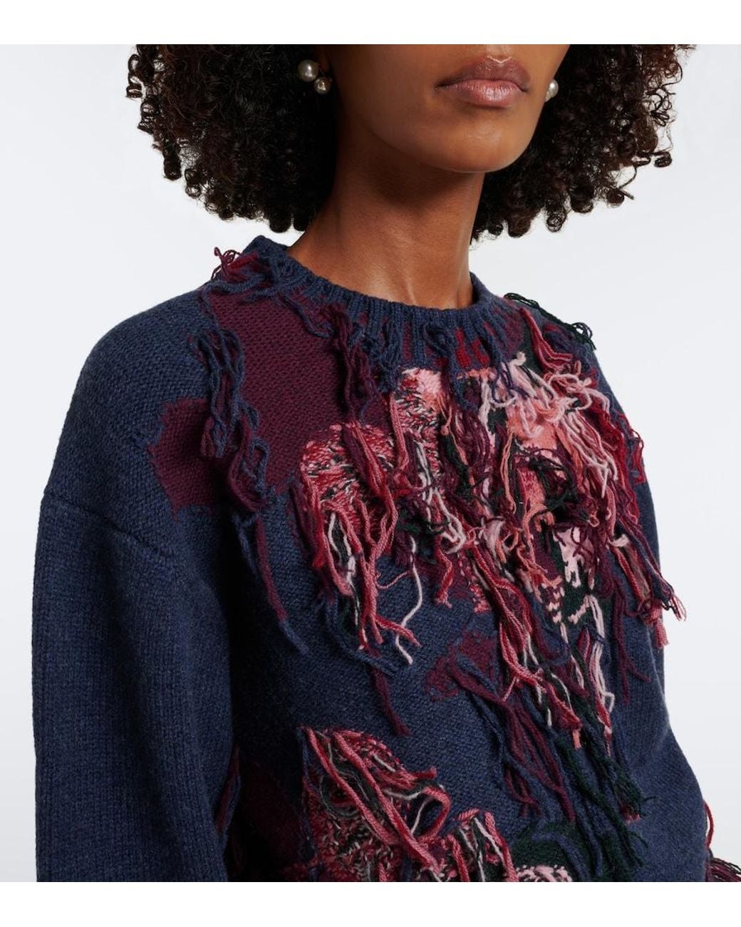 Erdem Blue Fringed Intarsia Wool Sweater