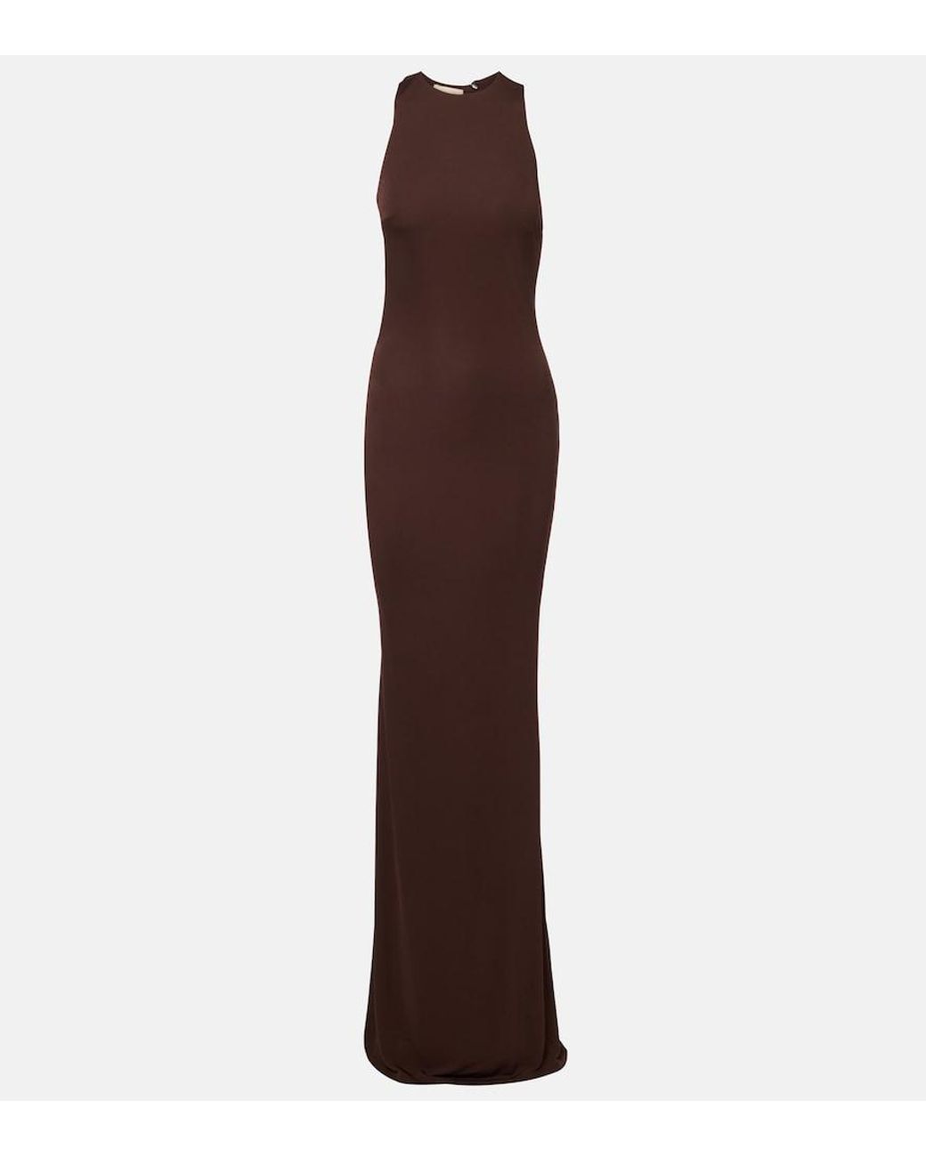 De La Vali Brown Maha Beaded Open-Back Jersey Gown