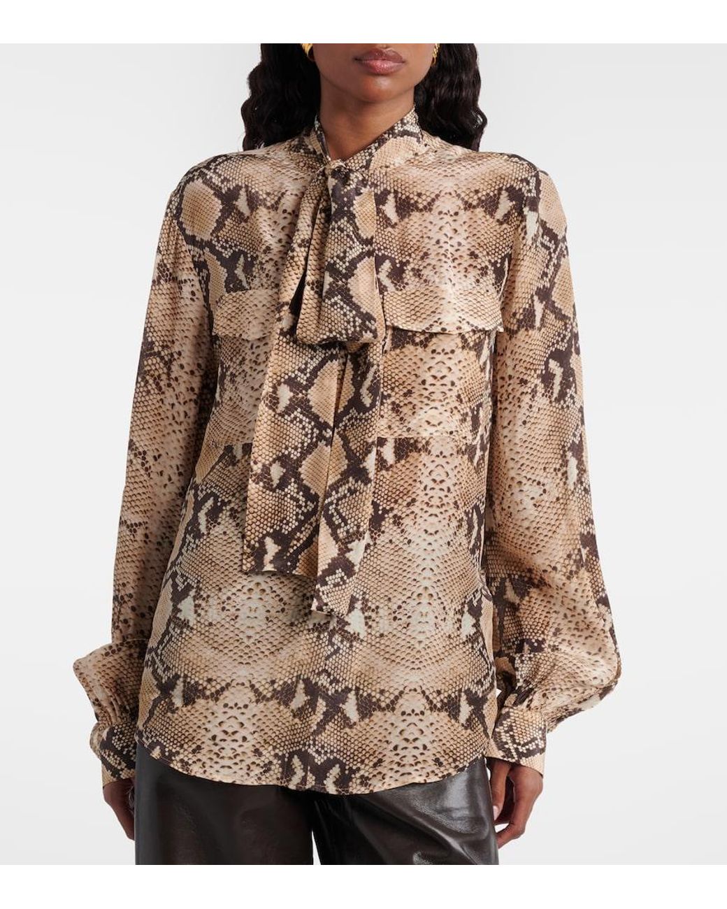 7 For All Mankind Natural Snake-Print Tie-Neck Blouse