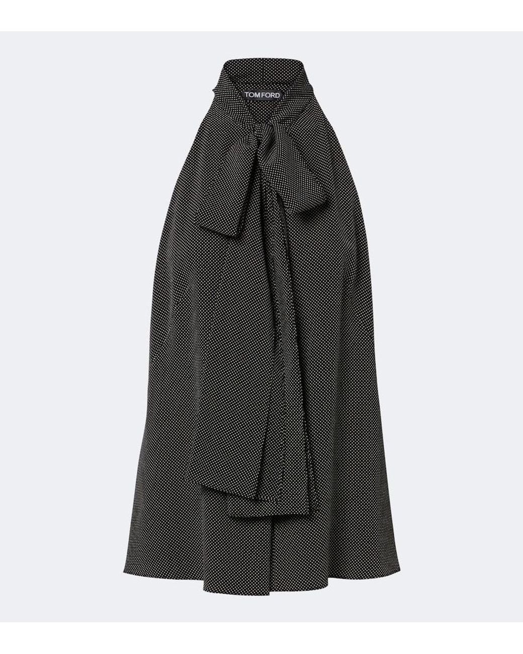 Tom Ford Black Polka-Dot Tie-Neck Silk Crepe De Chine Top