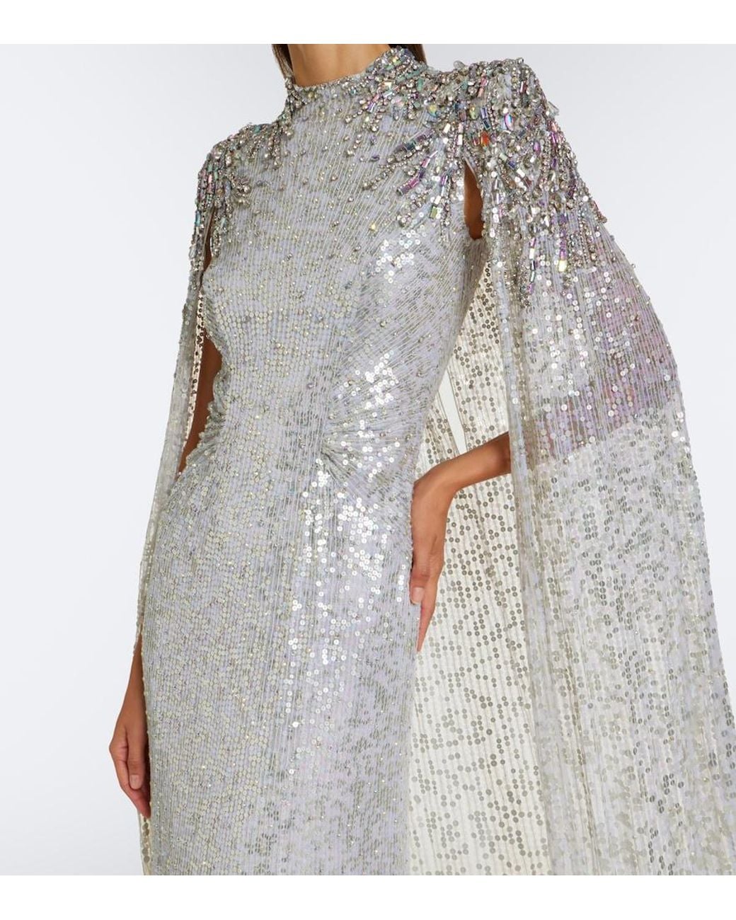 Jenny Packham Gray Dakota Embellished Caped Gown