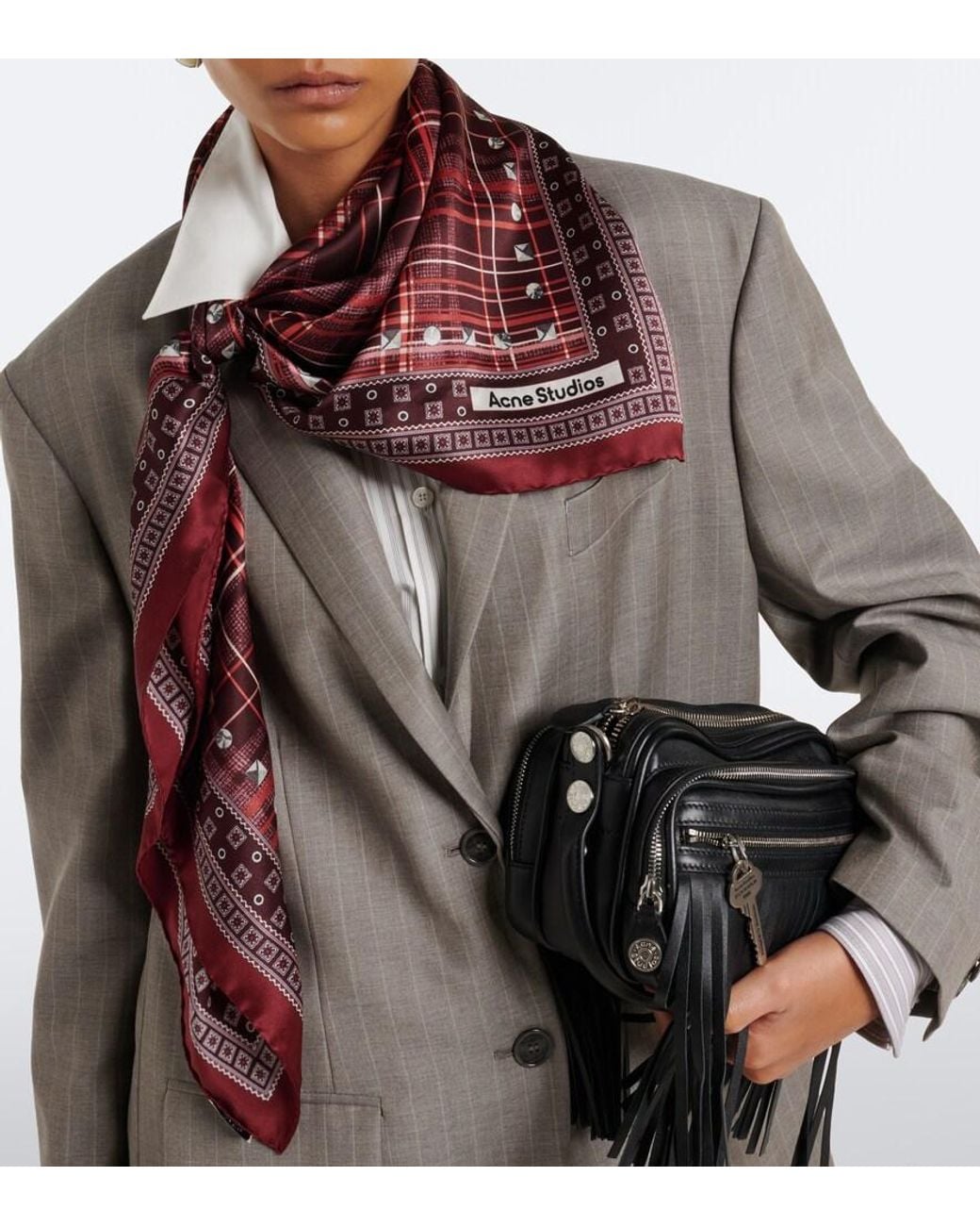 Acne Red Checked Silk Satin Scarf