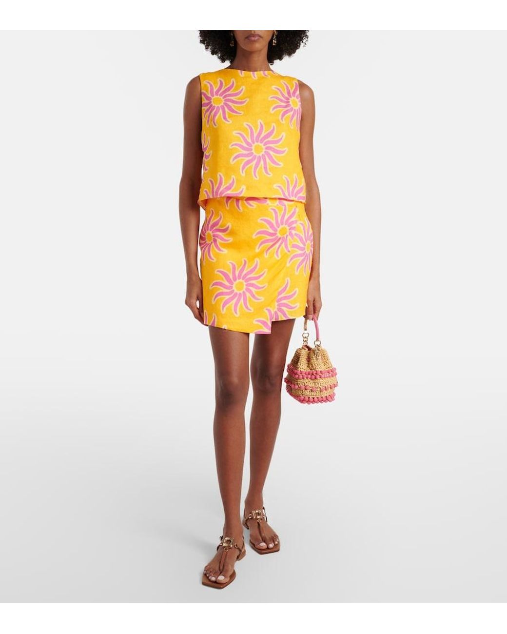 Cala De La Cruz Yellow Avelino Printed Linen Crop Top