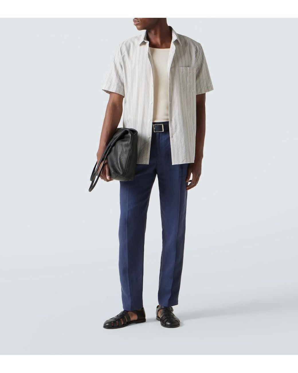 Sunspel Blue Pleated Linen Straight Pants for men