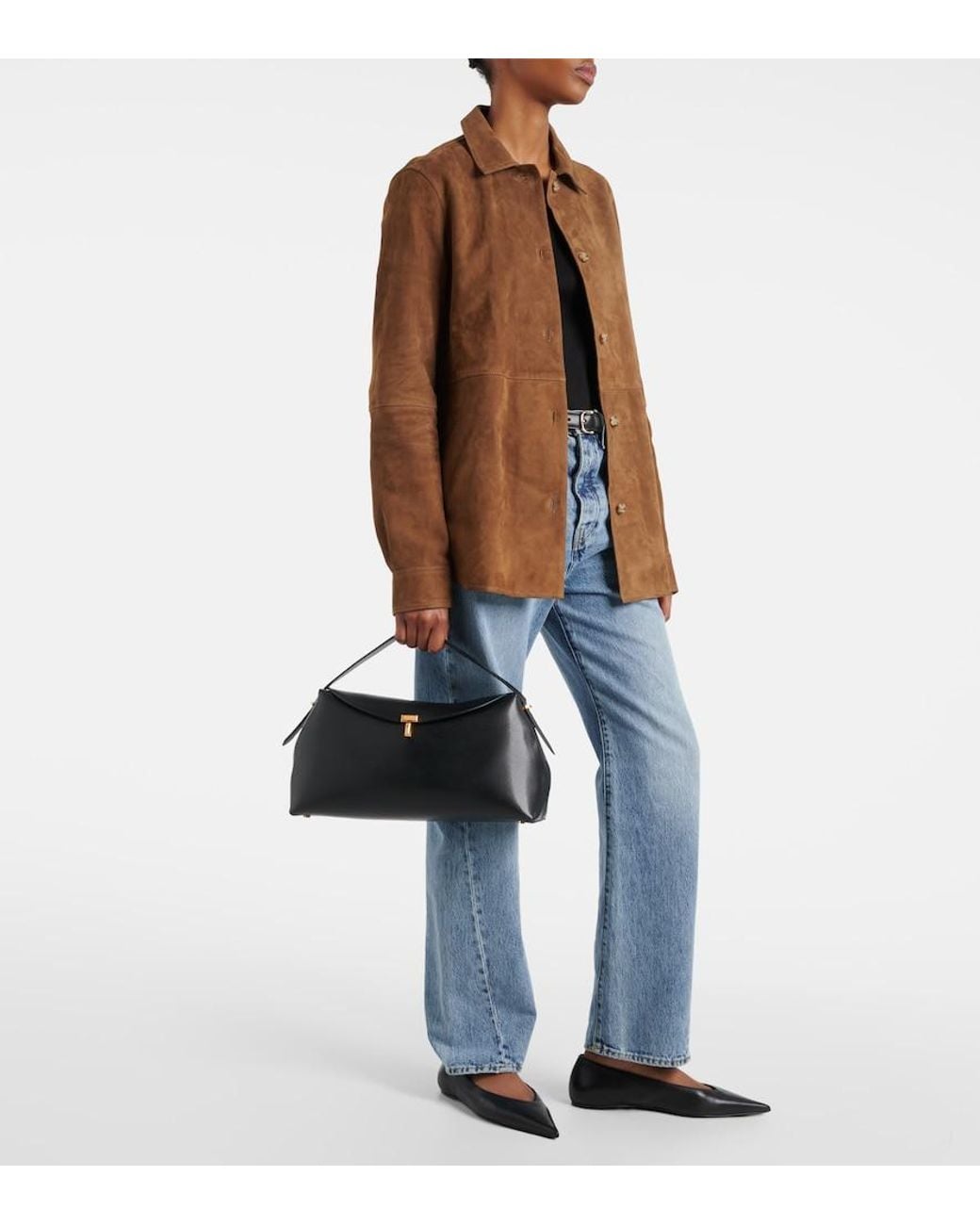 Totême Black T-Lock Medium Leather Tote Bag