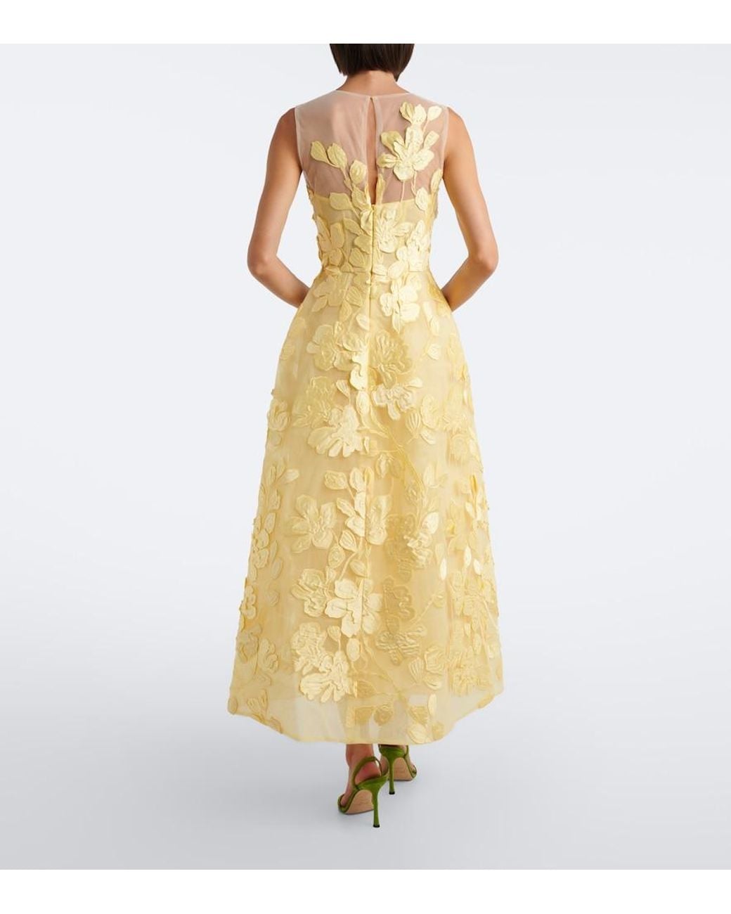 Monique Lhuillier Yellow Floral Tulle Midi Dress