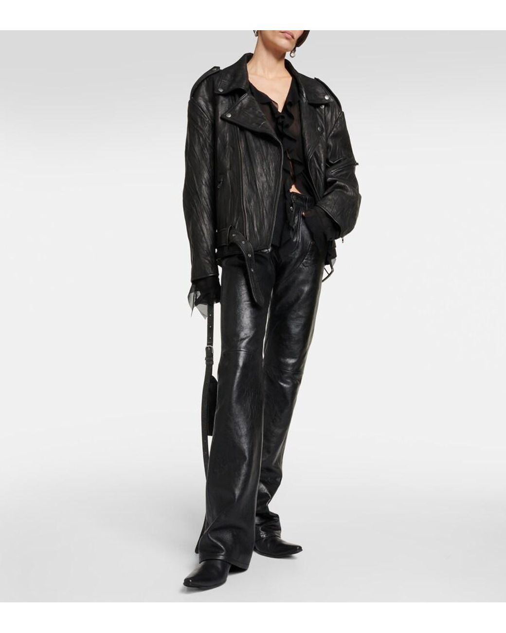 Acne Black Linor Oversized Belted Leather Jacket