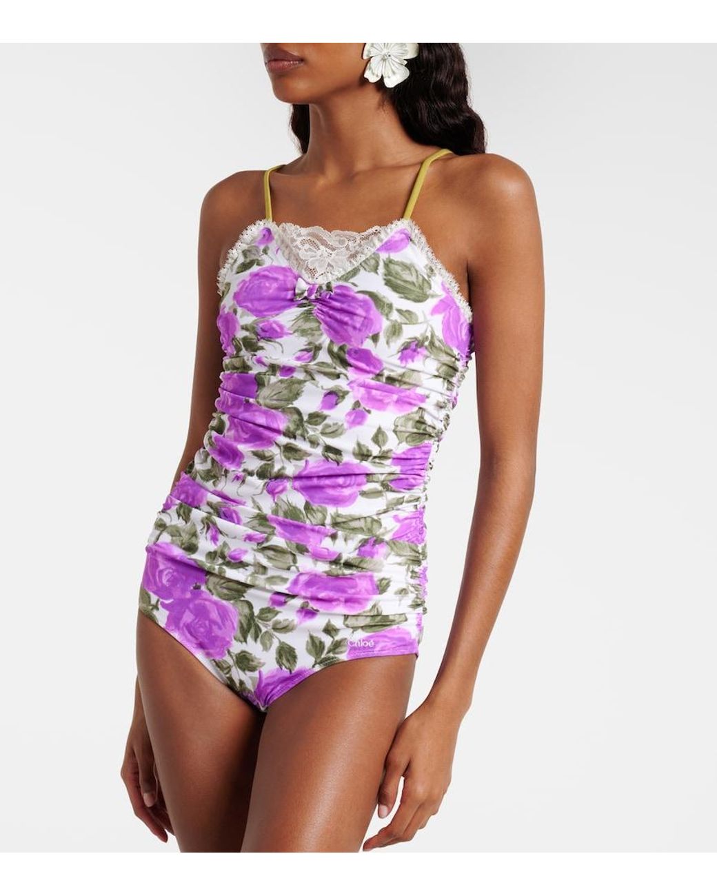 Chloé Purple Floral Ruched Lace-Trimmed Swimsuit