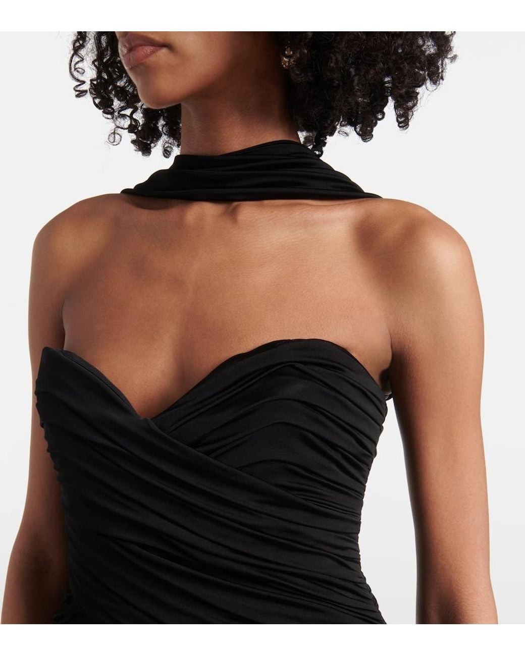 The New Arrivals Ilkyaz Ozel Black Samsara Ruched Strapless Gown