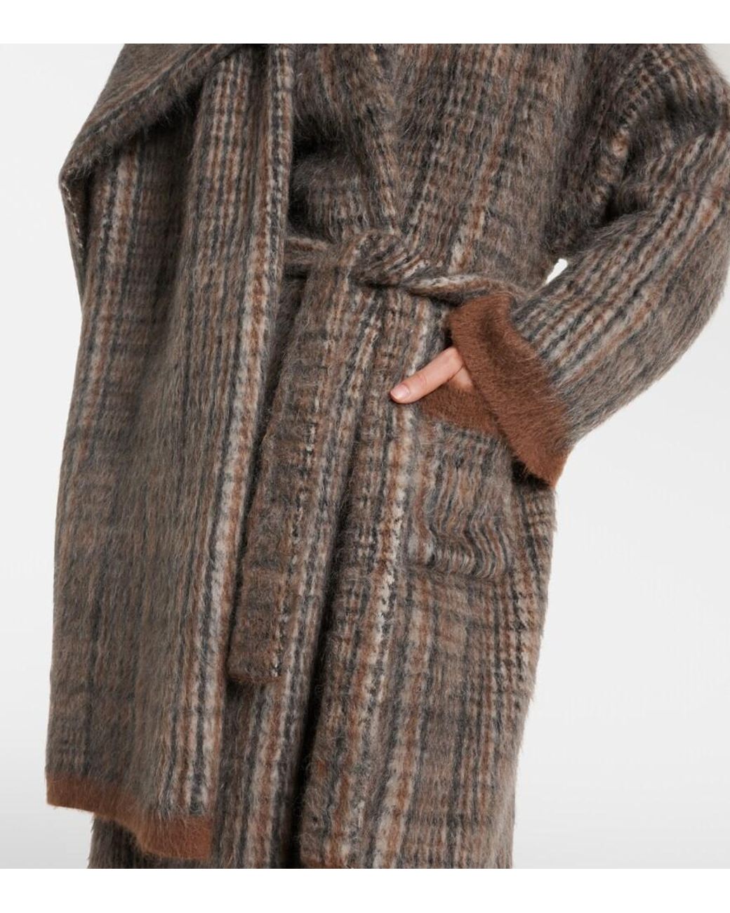 Brunello Cucinelli Brown Checked Scarf-Detail Mohair-Blend Wrap Coat