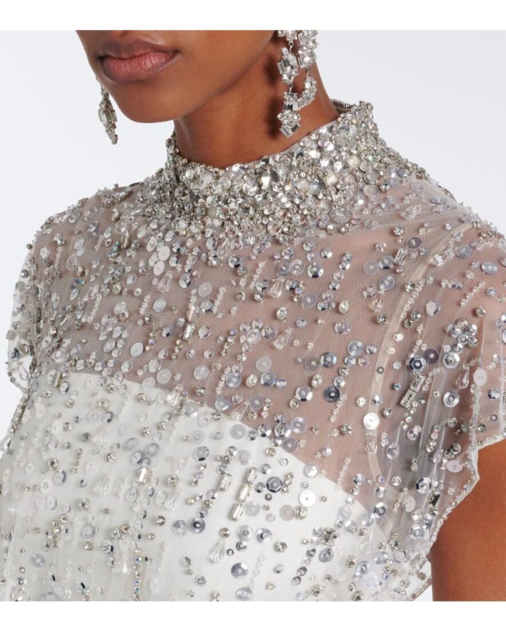Jenny Packham White Crystal Drop Embellished Gown