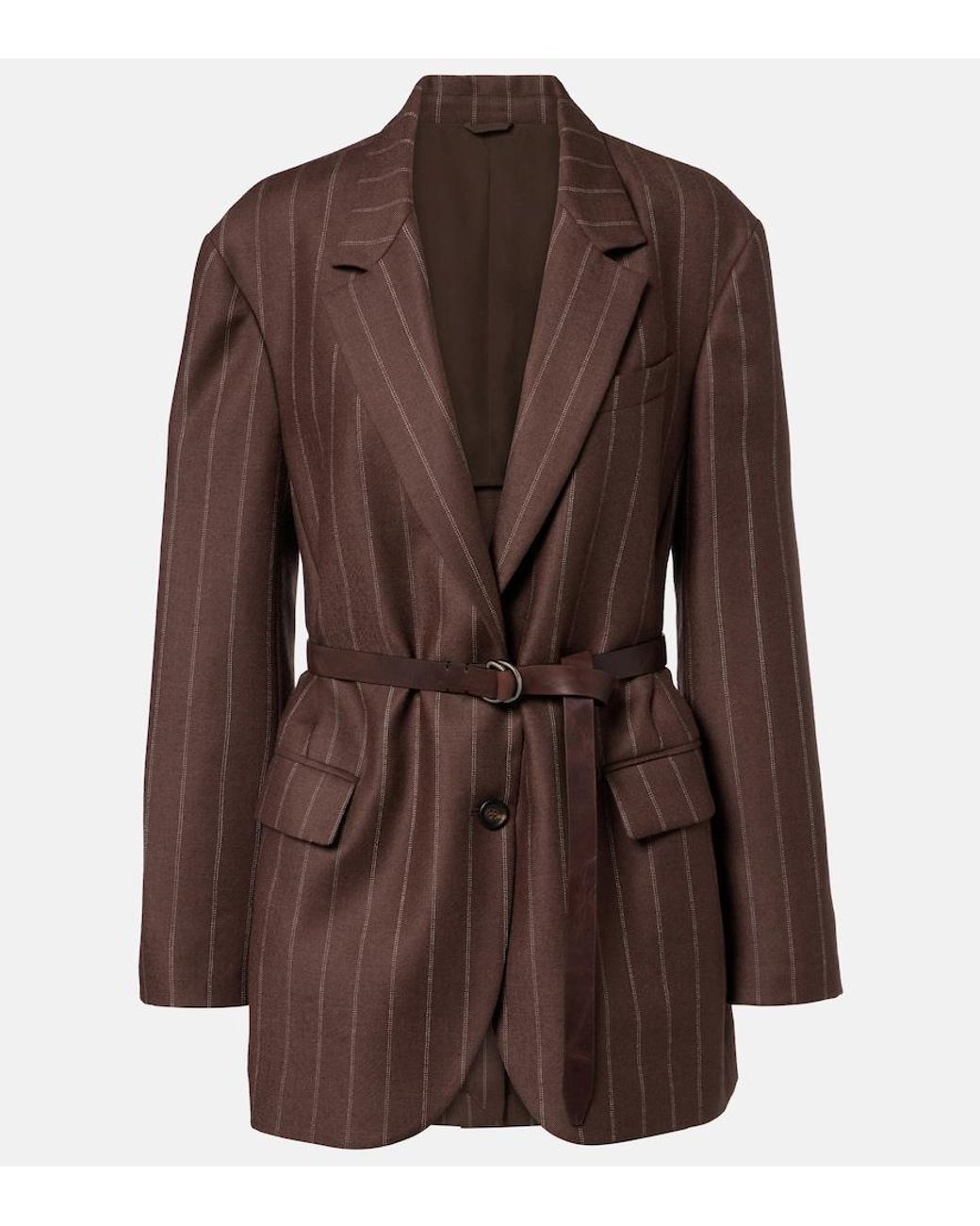 Brunello Cucinelli Brown Belted Pinstriped Virgin Wool Blazer