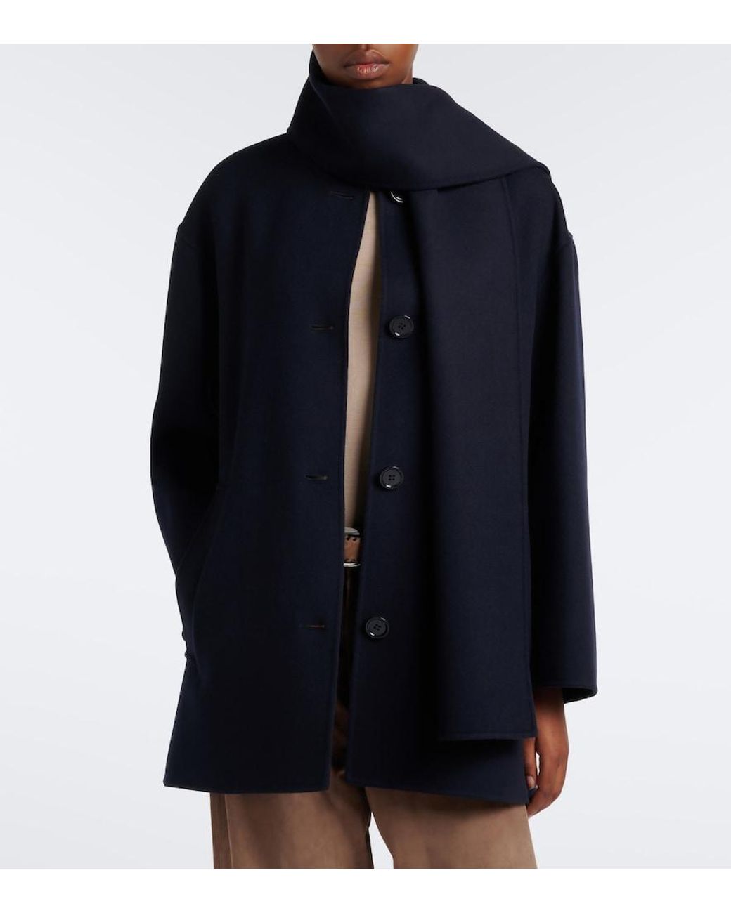 Max Mara Blue Scarf-Detail Virgin Wool Coat