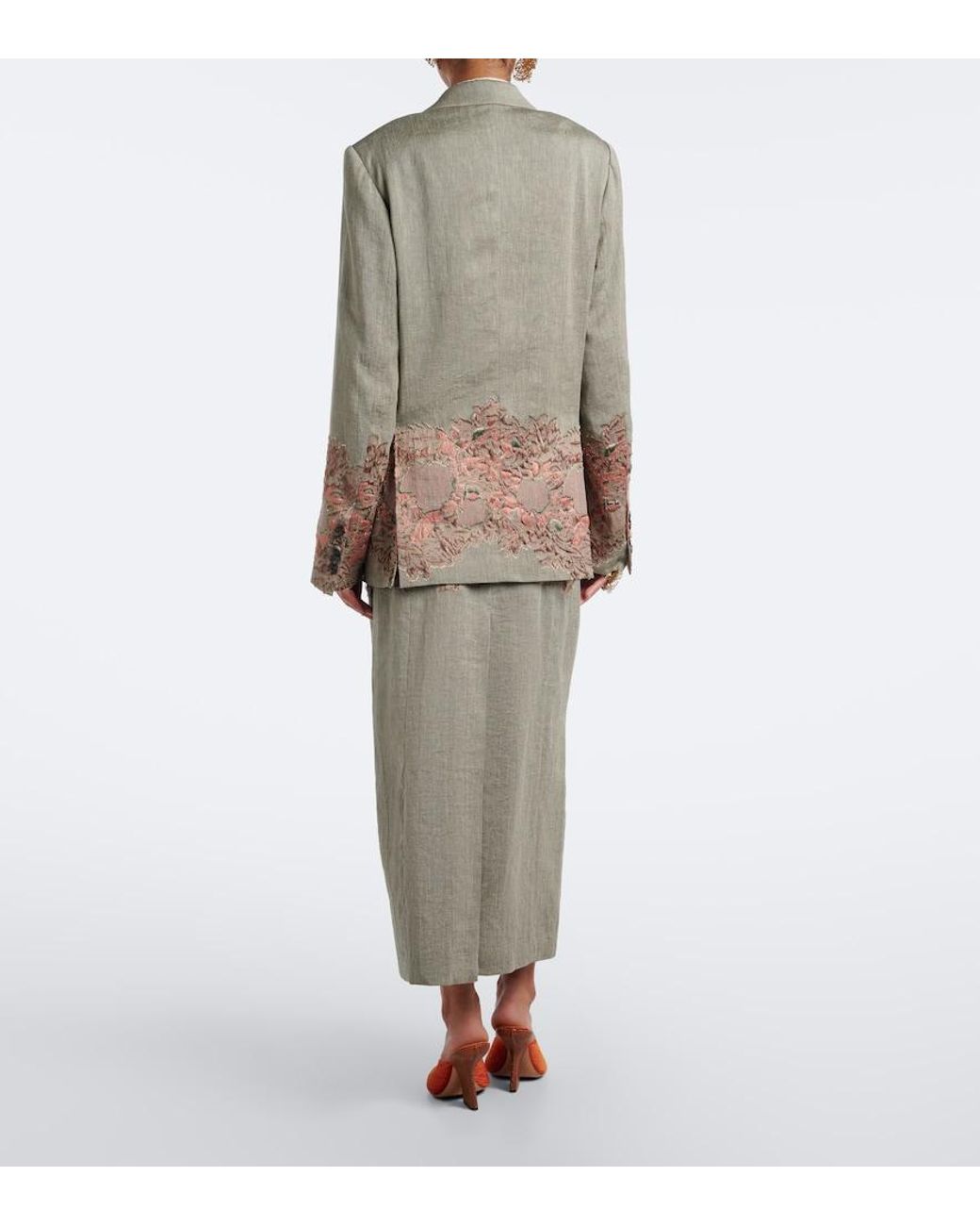 Dries Van Noten Gray Embroidered Linen And Cotton-Blend Midi Skirt