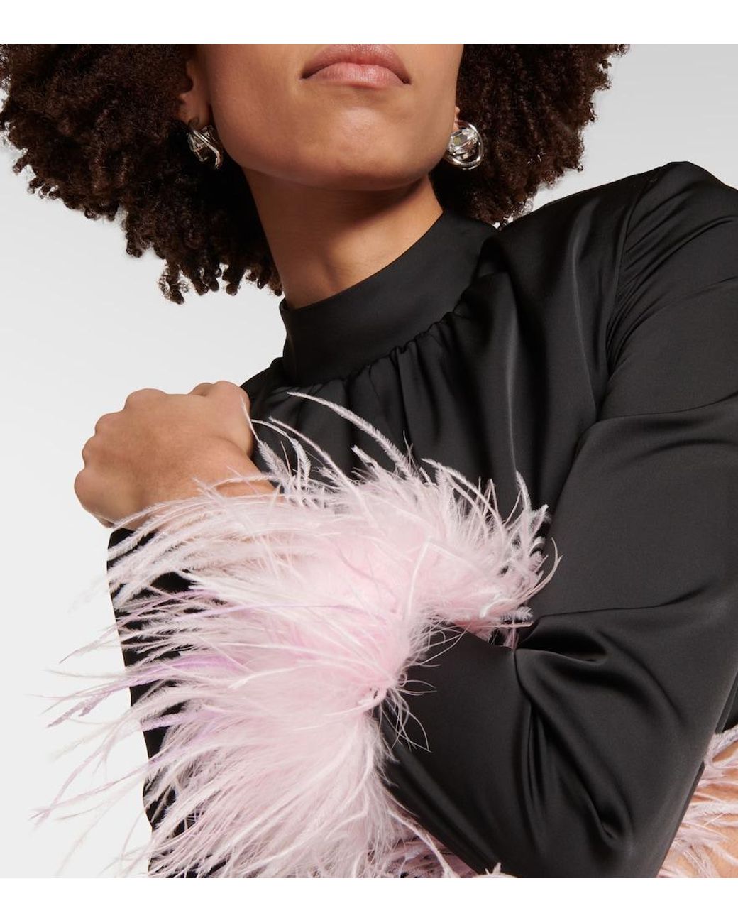 Self-Portrait Black Feather-Trimmed Satin Minidress