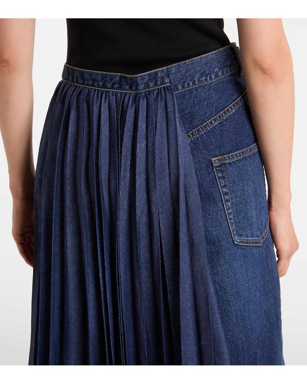 Sacai Blue Pleated Denim Midi Skirt