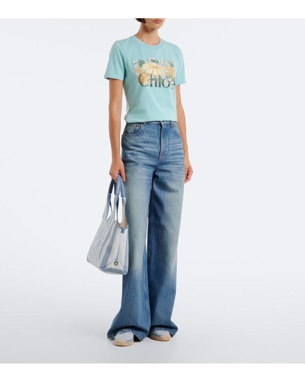 Chloé Blue Logo Printed Cotton Jersey T-Shirt