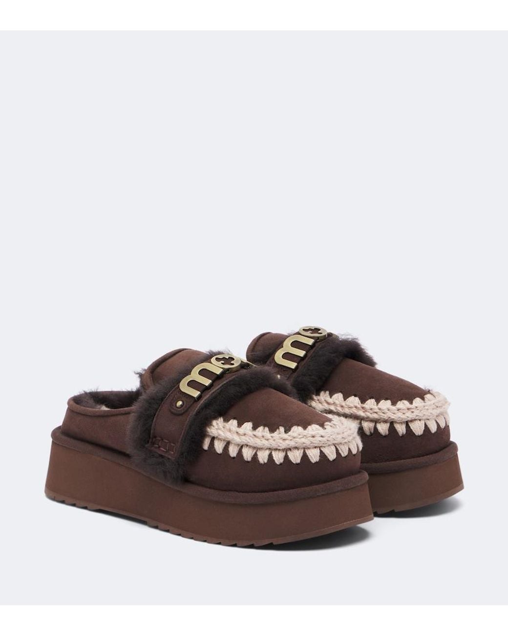 Mou Brown Shearling-Lined Suede Platform Mules