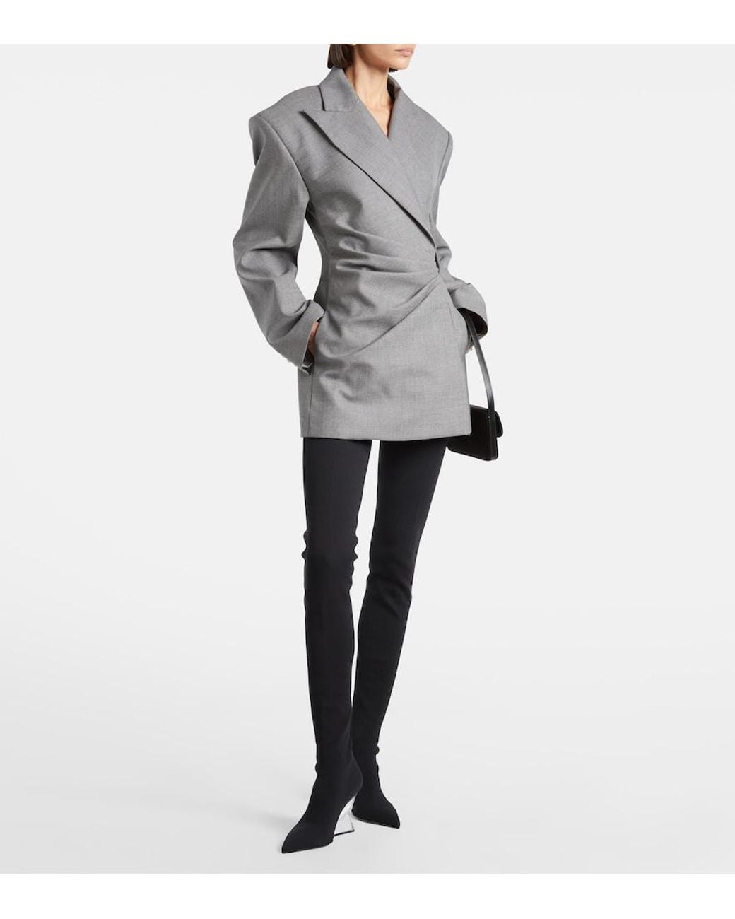 Balmain Gray Draped Virgin Wool Blazer Dress