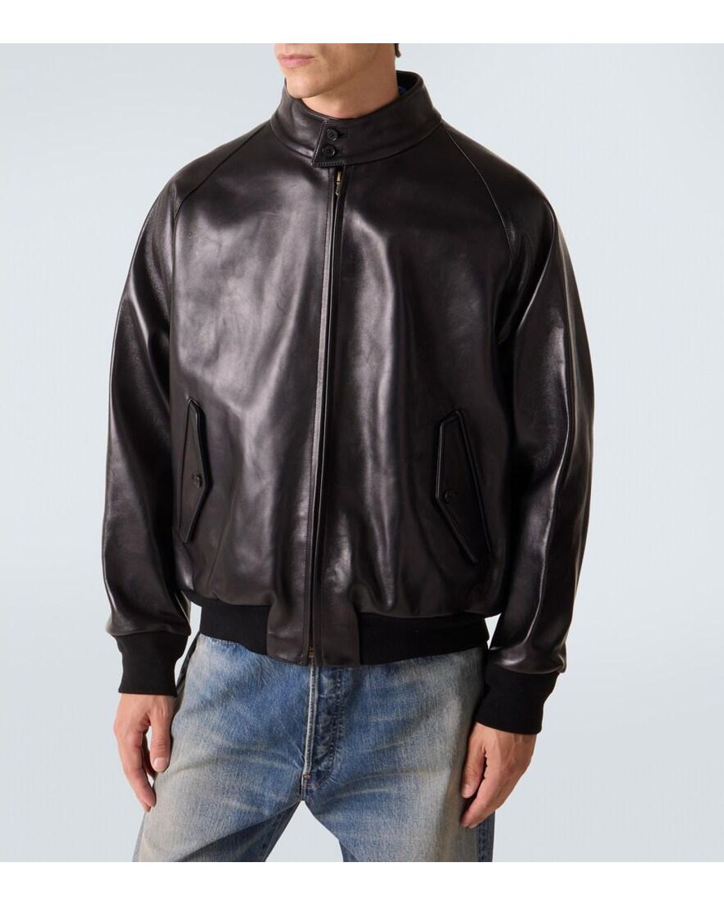 A.PRESSE Black Leather Bomber Jacket for men