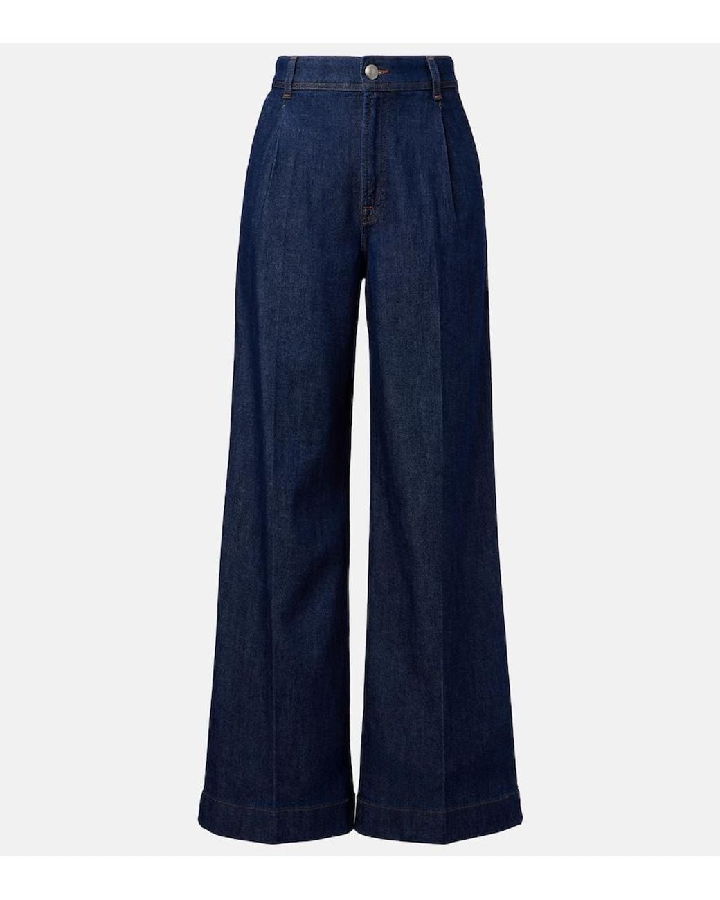 7 For All Mankind Blue Pleated High-Rise Wide-Leg Jeans