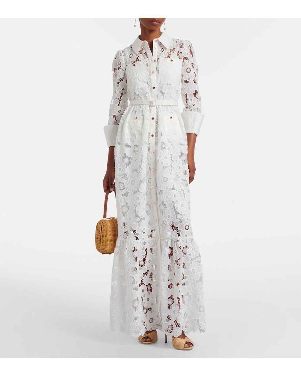 Self-Portrait White Belted Guipure Lace Shirt Dress
