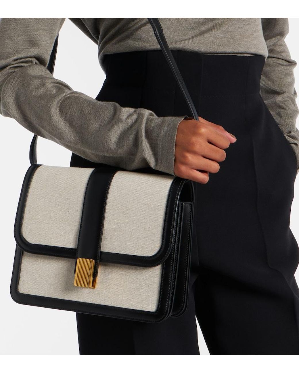 Khaite Natural Blake Leather-Trimmed Canvas Crossbody Bag