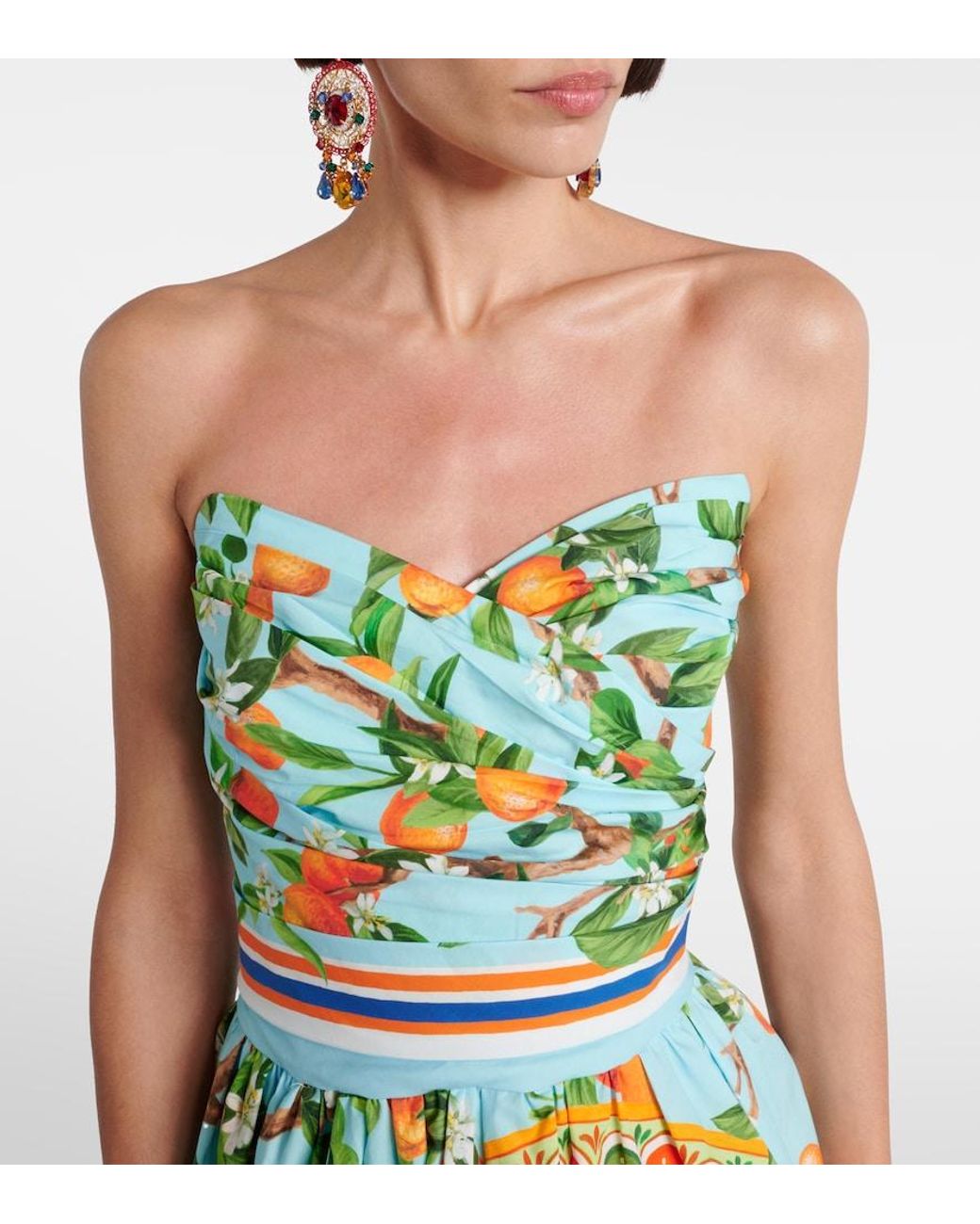 Dolce & Gabbana Green Taormina Printed Cotton Bustier Dress
