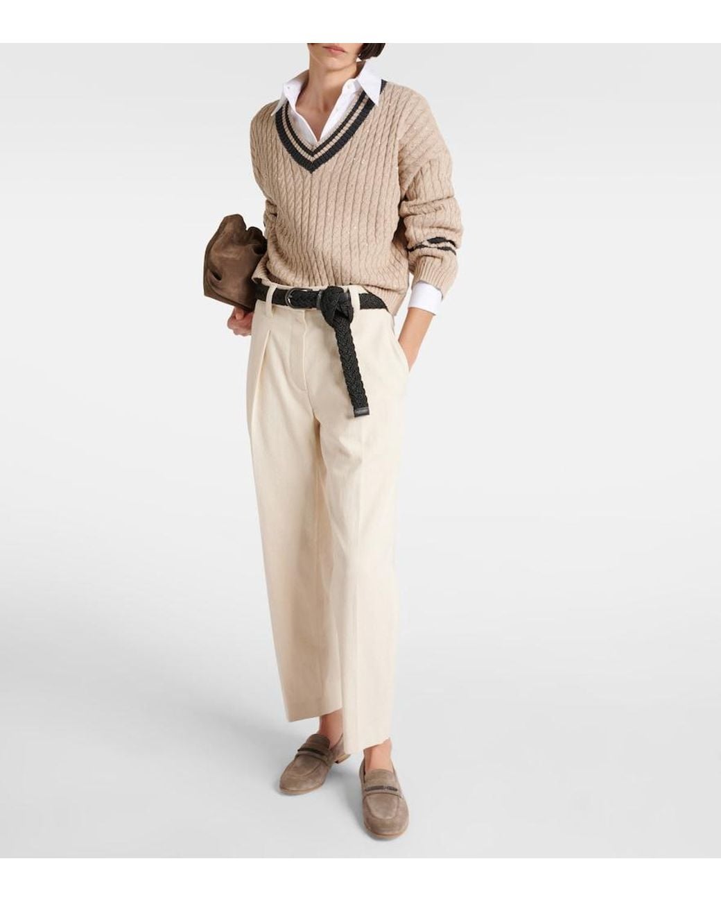 Brunello Cucinelli White Gabardine High-Rise Straight Pants