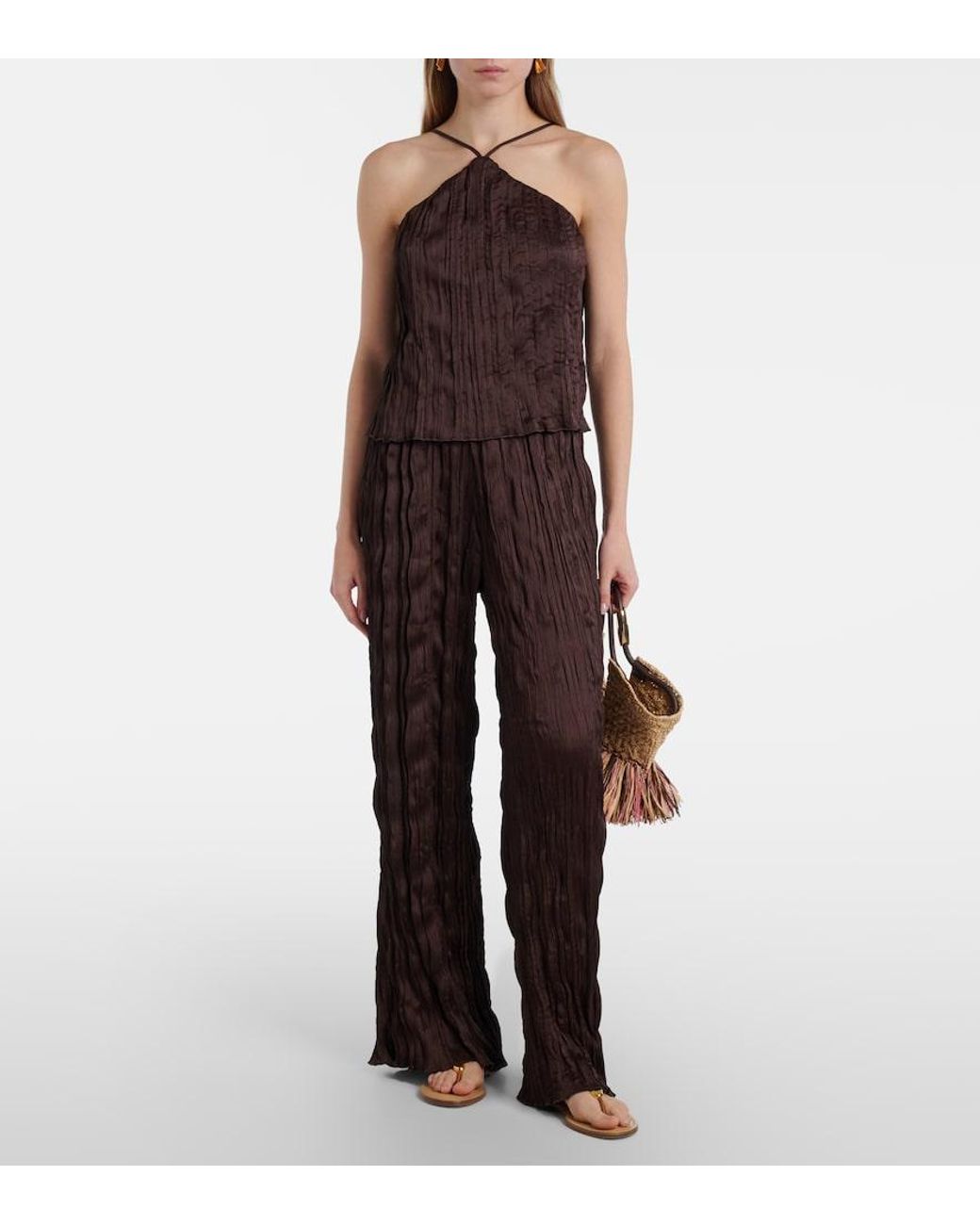Staud Brown Nami Plisse Wide-Leg Pants
