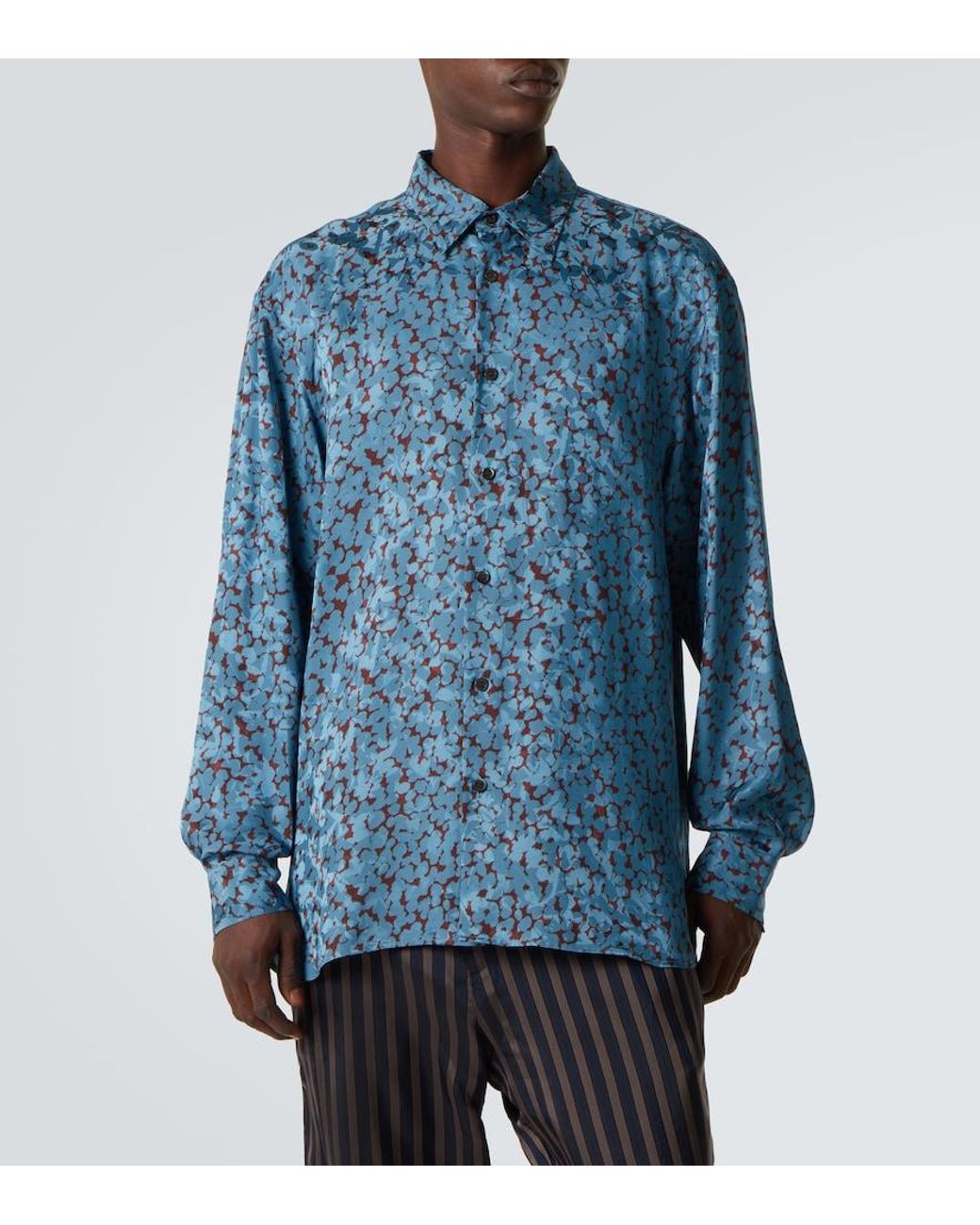 Dries Van Noten Blue Printed Satin Shirt for men