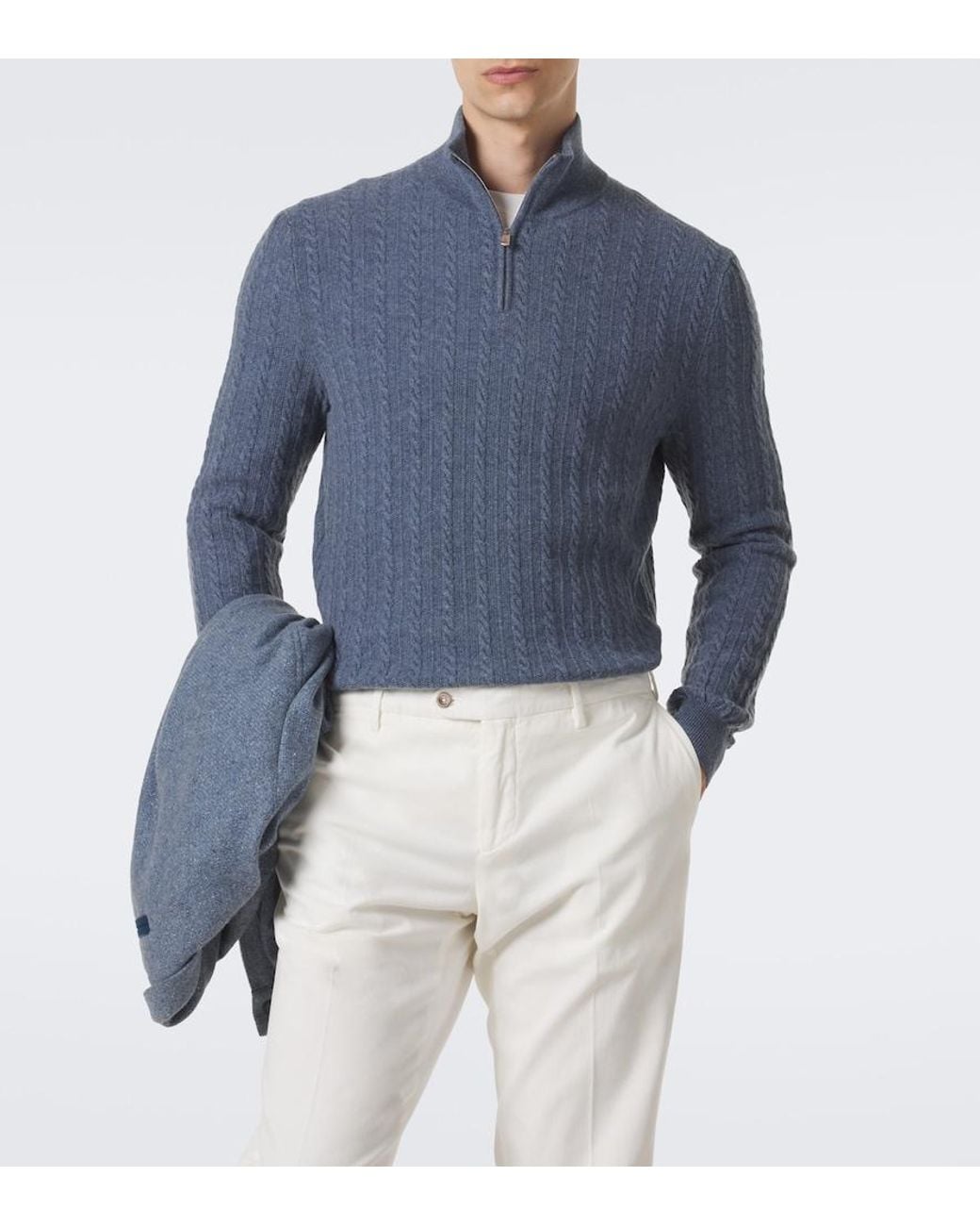 Fedeli Blue Cable-Knit Cashmere Half-Zip Sweater for men