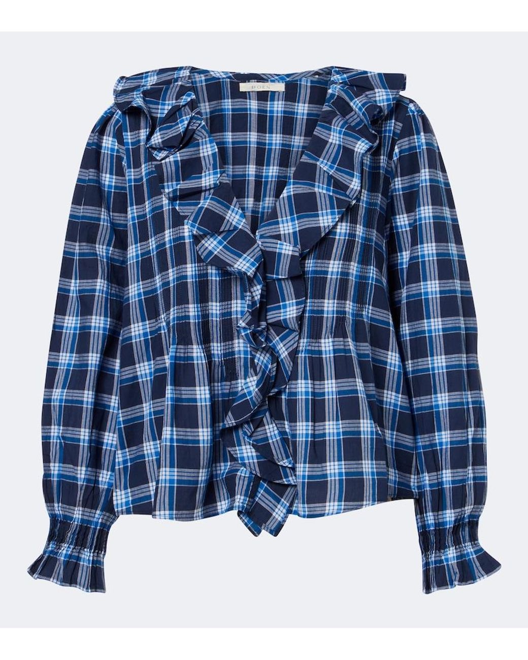 Doen Blue Hardy Plaid Ruffled Cotton Blouse