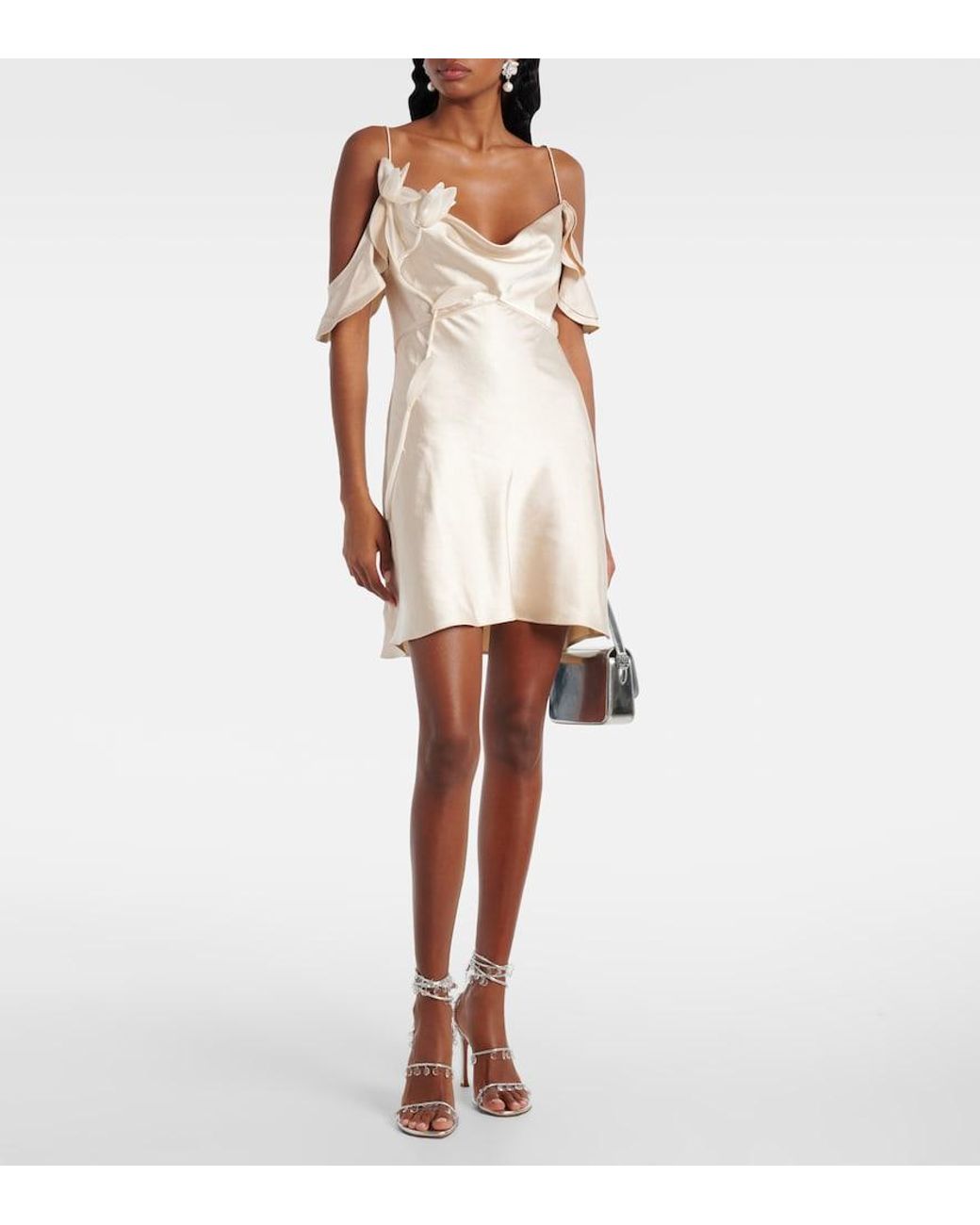Self-Portrait Natural Floral-Applique Ruffled Satin Minidress